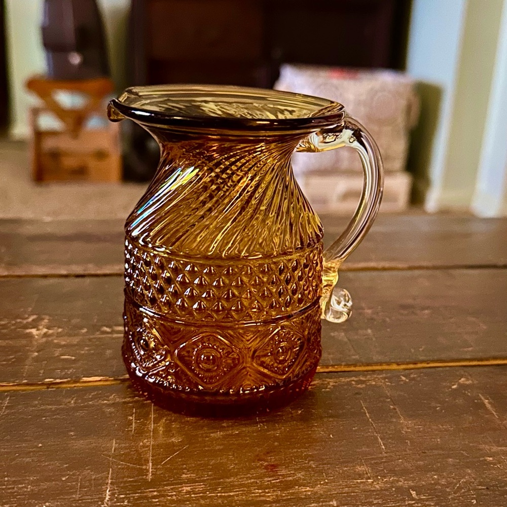 Vintage Mini Pitcher Amber Gold Art Glass Bud Vase Creamer 1960s Clear Handle